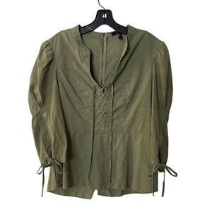 BCBGMAXAZRIA Olive Green Long Sleeve Peasant Blouse With Back Zipper & Tie Detai